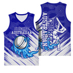 Cricket Australian Basketball Jersey Blue Fire Ball Graphic With Aboriginal Dot Art Style