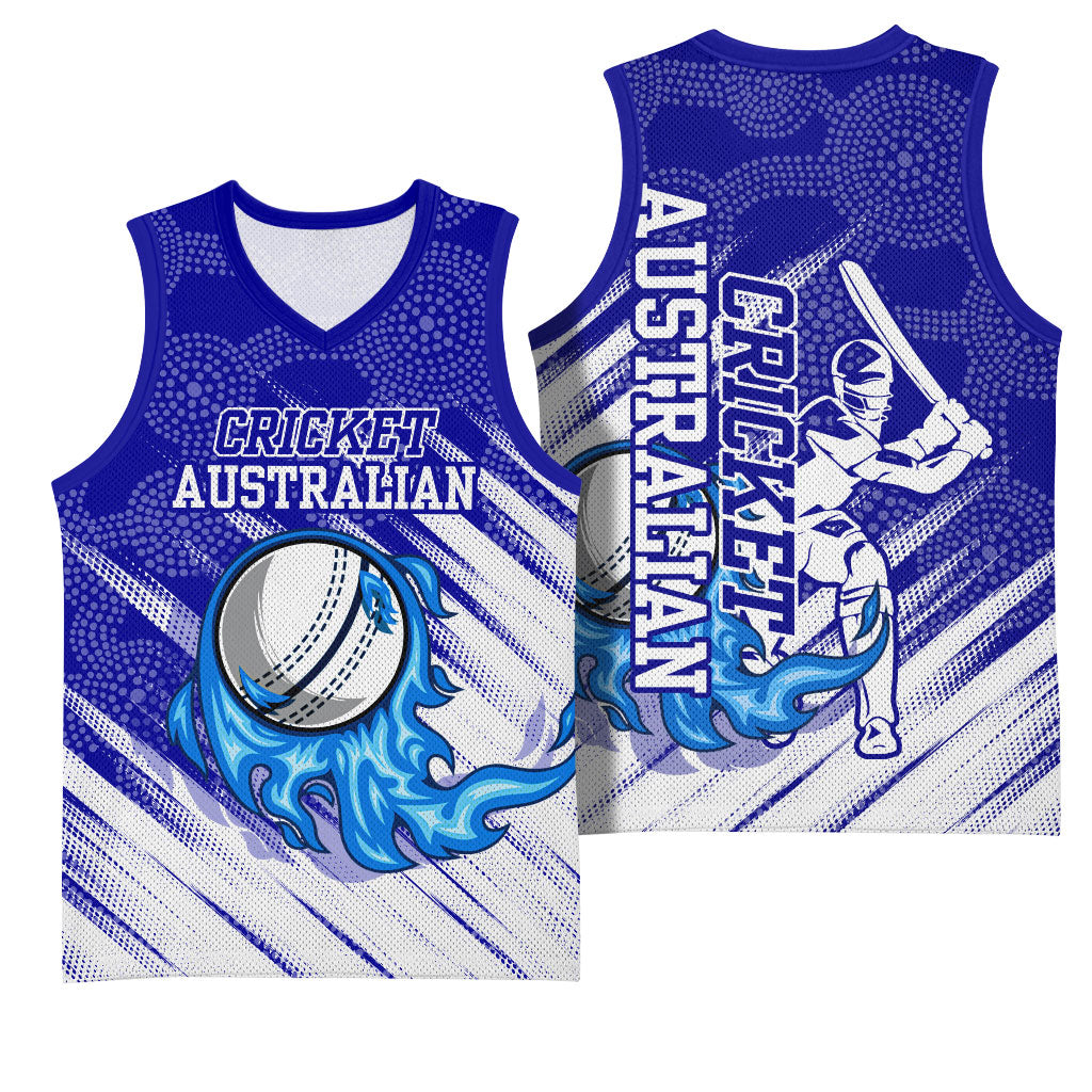 Cricket Australian Basketball Jersey Blue Fire Ball Graphic With Aboriginal Dot Art Style