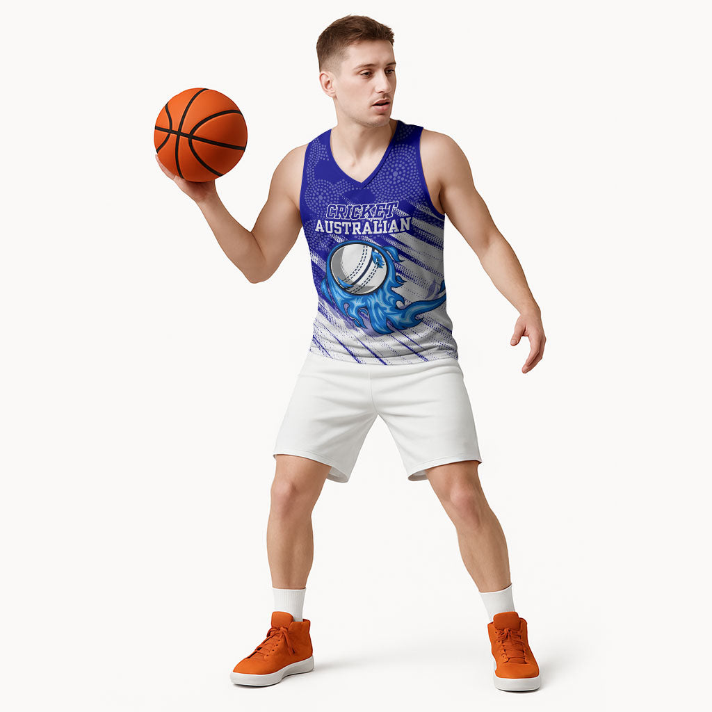 Cricket Australian Basketball Jersey Blue Fire Ball Graphic With Aboriginal Dot Art Style