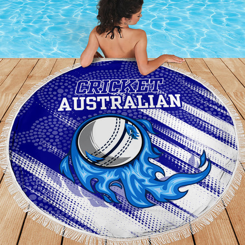 Cricket Australian Beach Blanket Blue Fire Ball Graphic With Aboriginal Dot Art Style