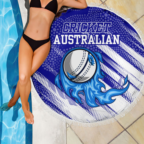 Cricket Australian Beach Blanket Blue Fire Ball Graphic With Aboriginal Dot Art Style