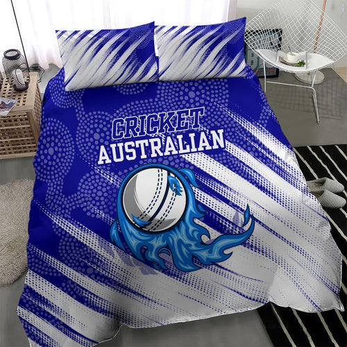 Cricket Australian Bedding Set Blue Fire Ball Graphic With Aboriginal Dot Art Style