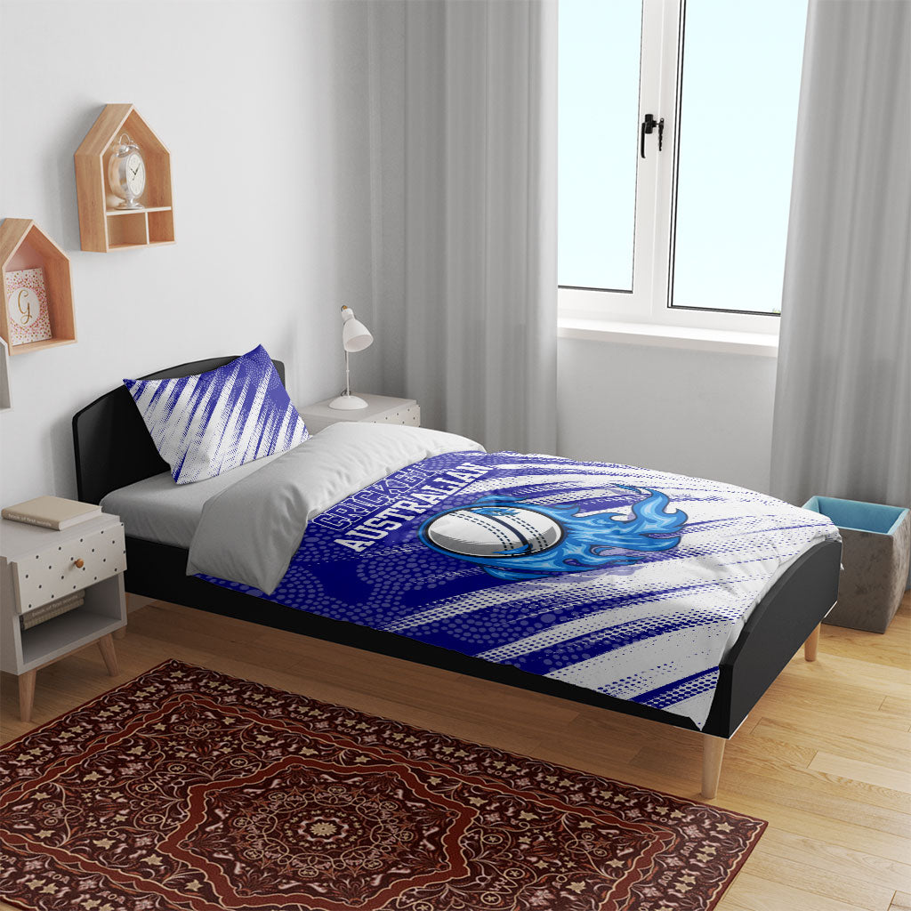 Cricket Australian Bedding Set Blue Fire Ball Graphic With Aboriginal Dot Art Style