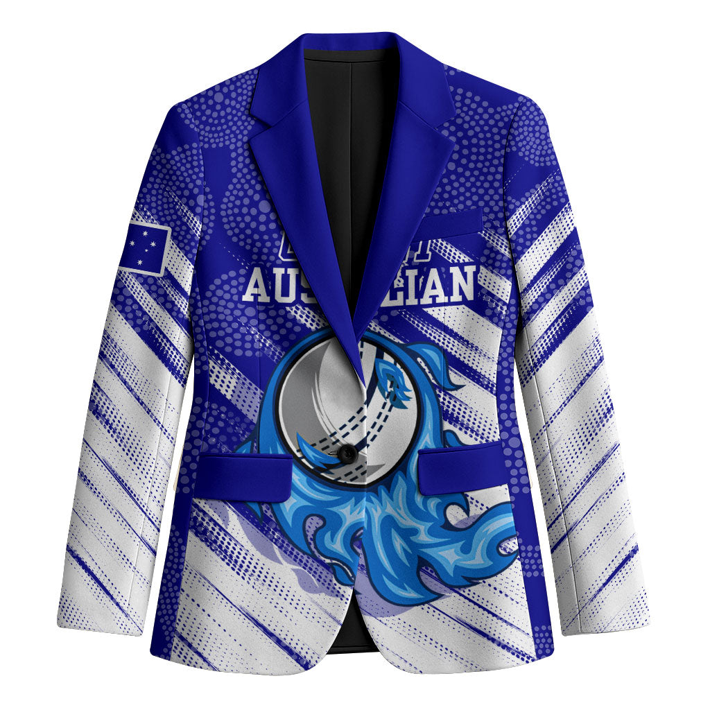 Cricket Australian Blazer Blue Fire Ball Graphic With Aboriginal Dot Art Style