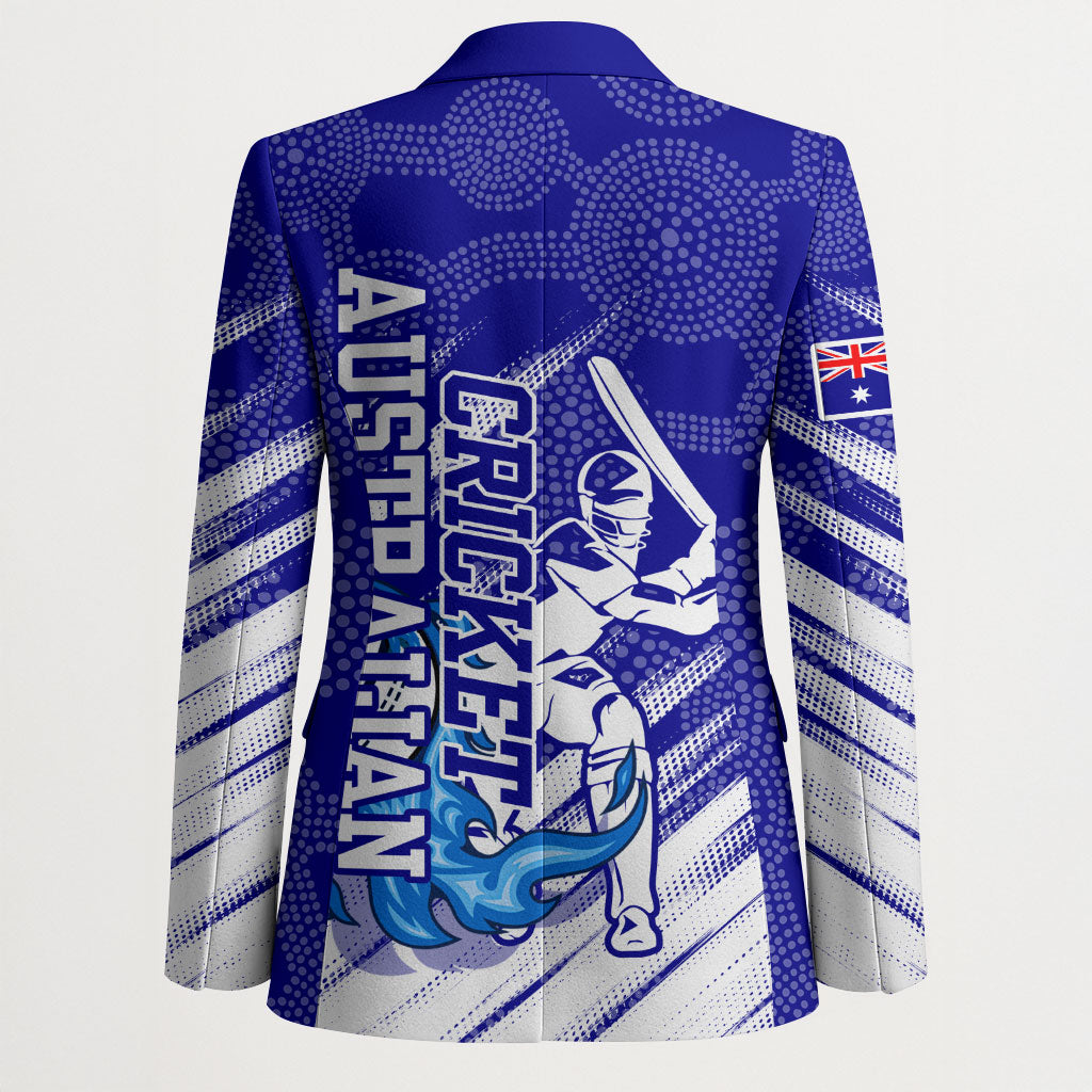 Cricket Australian Blazer Blue Fire Ball Graphic With Aboriginal Dot Art Style