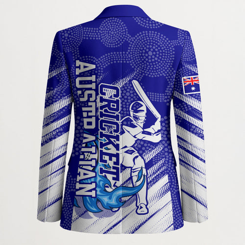 Cricket Australian Blazer Blue Fire Ball Graphic With Aboriginal Dot Art Style