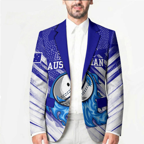 Cricket Australian Blazer Blue Fire Ball Graphic With Aboriginal Dot Art Style