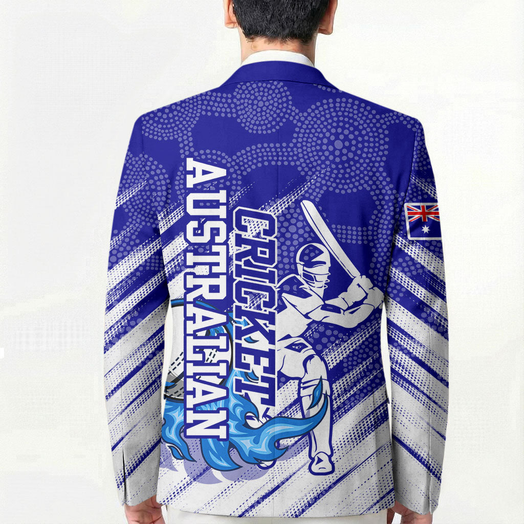 Cricket Australian Blazer Blue Fire Ball Graphic With Aboriginal Dot Art Style
