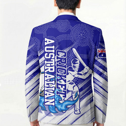 Cricket Australian Blazer Blue Fire Ball Graphic With Aboriginal Dot Art Style