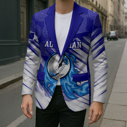 Cricket Australian Blazer Blue Fire Ball Graphic With Aboriginal Dot Art Style