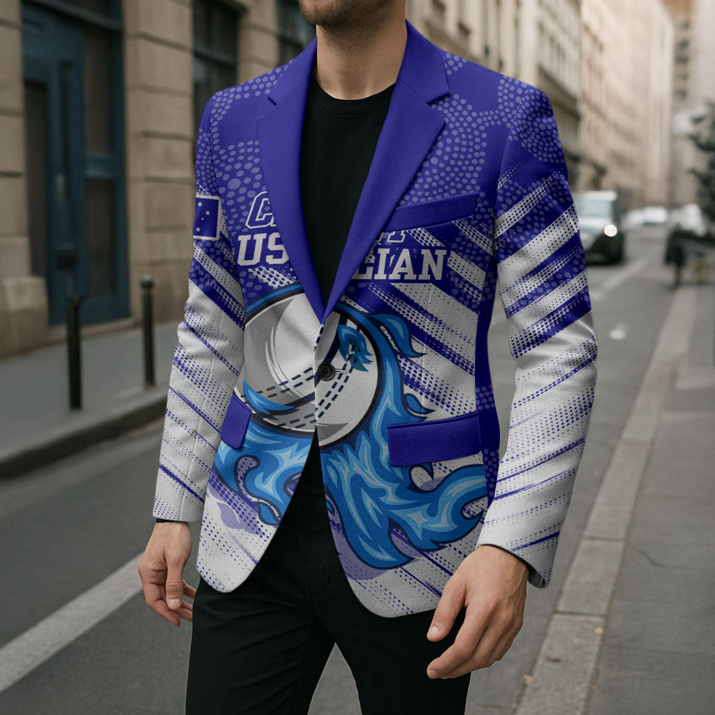 Cricket Australian Blazer Blue Fire Ball Graphic With Aboriginal Dot Art Style