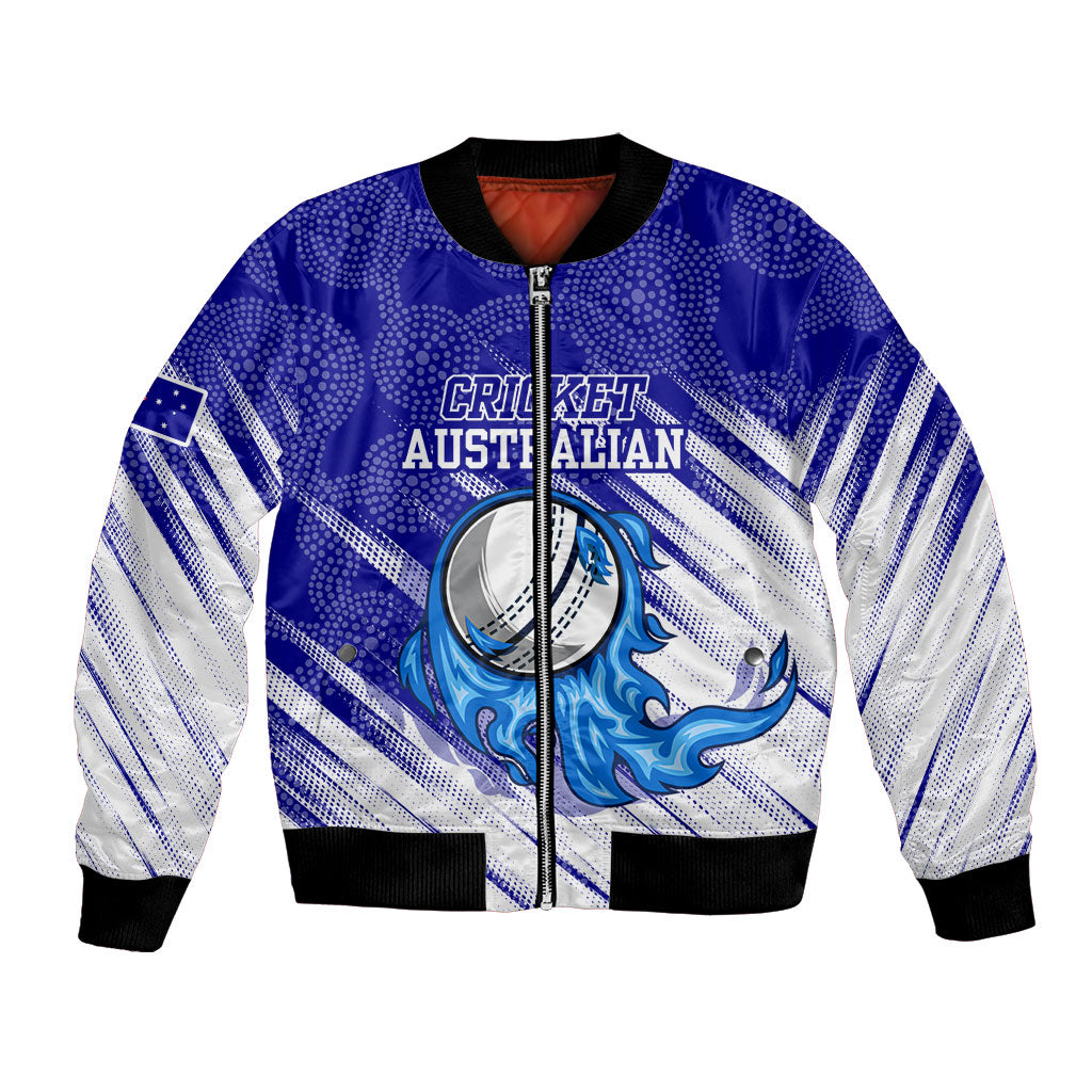 Cricket Australian Bomber Jacket Blue Fire Ball Graphic With Aboriginal Dot Art Style