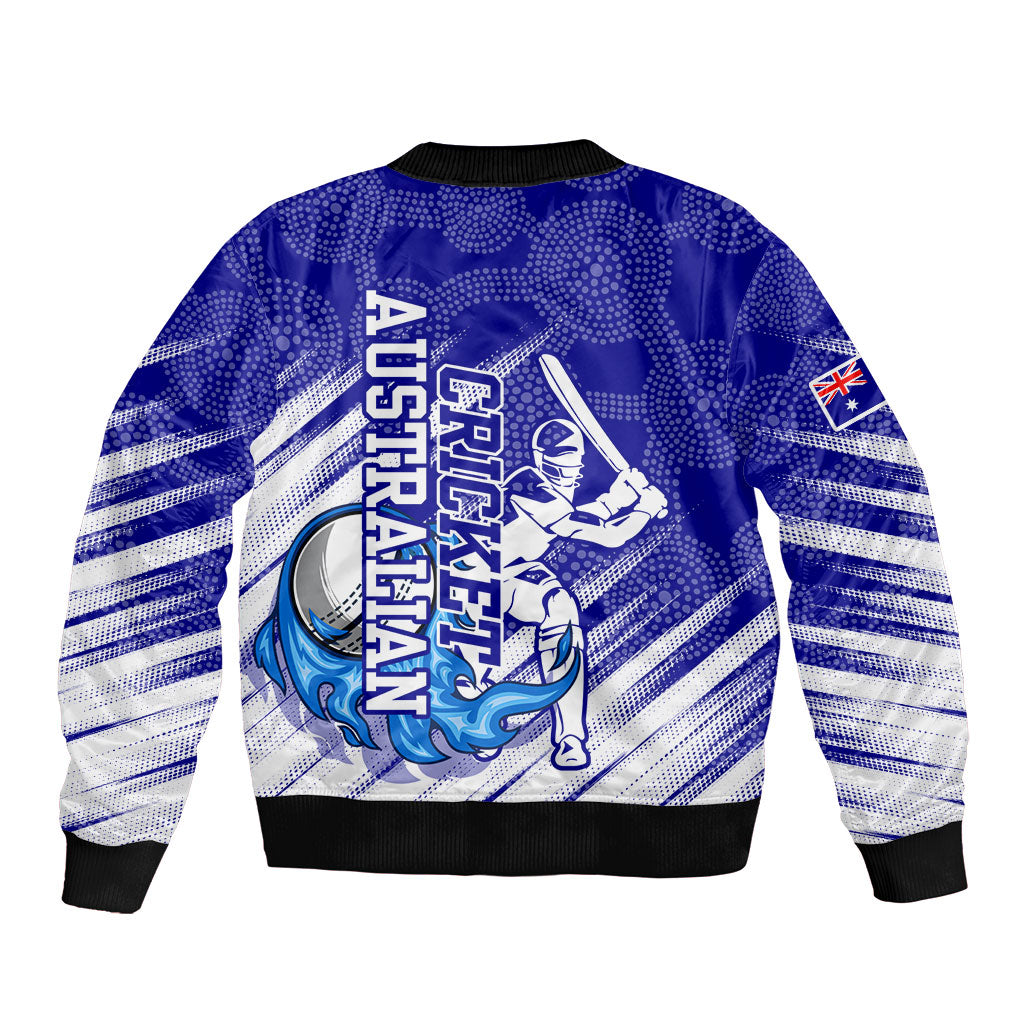 Cricket Australian Bomber Jacket Blue Fire Ball Graphic With Aboriginal Dot Art Style