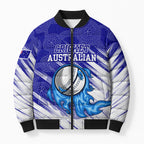 Cricket Australian Bomber Puffer Jacket Blue Fire Ball Graphic With Aboriginal Dot Art Style