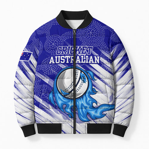 Cricket Australian Bomber Puffer Jacket Blue Fire Ball Graphic With Aboriginal Dot Art Style