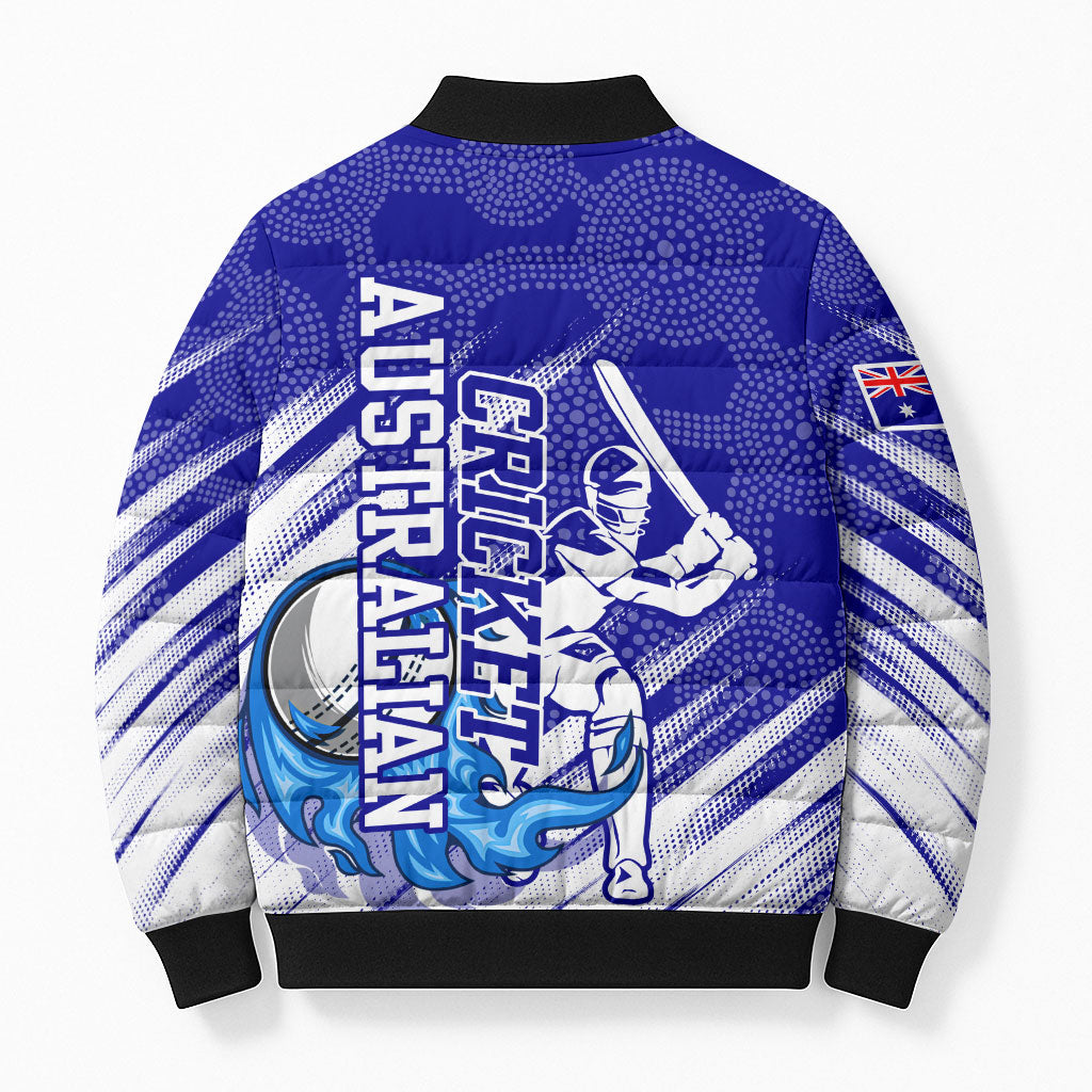 Cricket Australian Bomber Puffer Jacket Blue Fire Ball Graphic With Aboriginal Dot Art Style