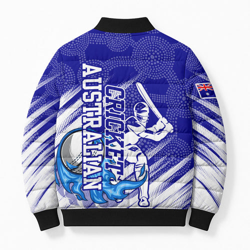 Cricket Australian Bomber Puffer Jacket Blue Fire Ball Graphic With Aboriginal Dot Art Style