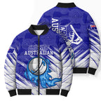 Cricket Australian Bomber Puffer Jacket Blue Fire Ball Graphic With Aboriginal Dot Art Style