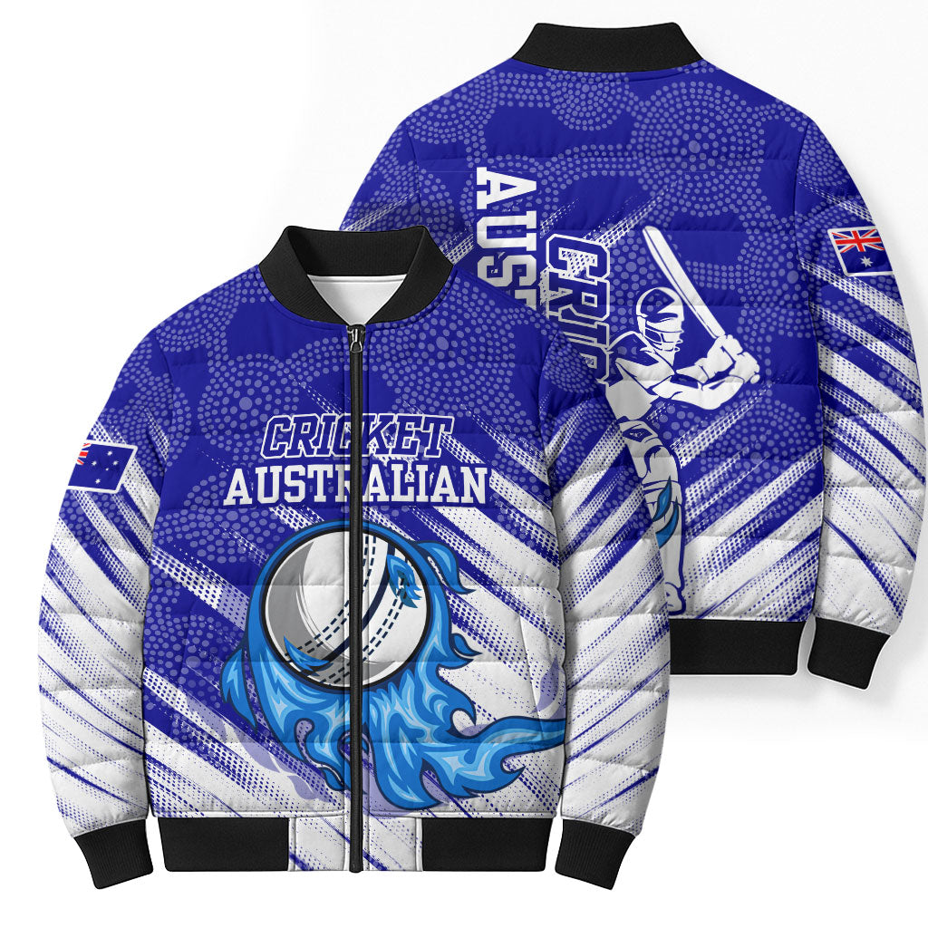Cricket Australian Bomber Puffer Jacket Blue Fire Ball Graphic With Aboriginal Dot Art Style