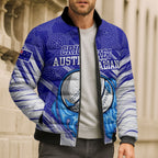 Cricket Australian Bomber Puffer Jacket Blue Fire Ball Graphic With Aboriginal Dot Art Style