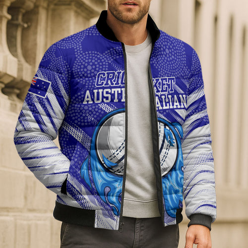 Cricket Australian Bomber Puffer Jacket Blue Fire Ball Graphic With Aboriginal Dot Art Style