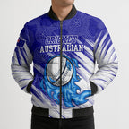 Cricket Australian Bomber Puffer Jacket Blue Fire Ball Graphic With Aboriginal Dot Art Style