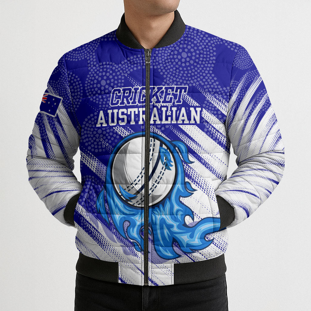 Cricket Australian Bomber Puffer Jacket Blue Fire Ball Graphic With Aboriginal Dot Art Style