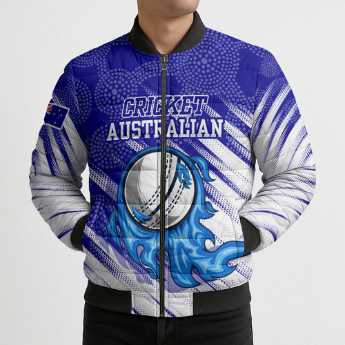 Cricket Australian Bomber Puffer Jacket Blue Fire Ball Graphic With Aboriginal Dot Art Style