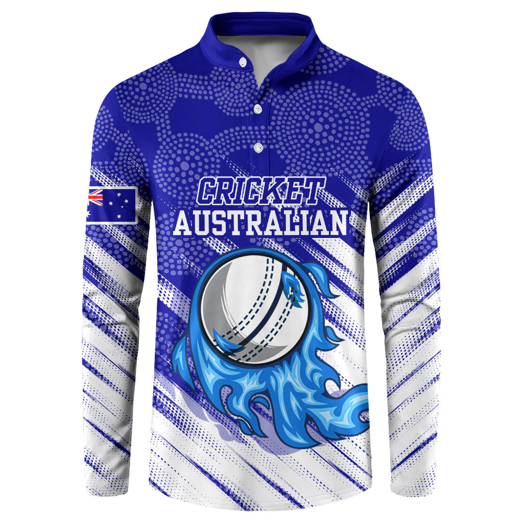 Cricket Australian Button Sweatshirt Blue Fire Ball Graphic With Aboriginal Dot Art Style
