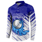 Cricket Australian Button Sweatshirt Blue Fire Ball Graphic With Aboriginal Dot Art Style