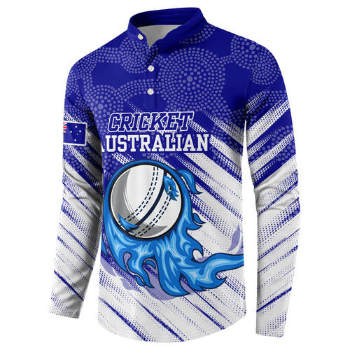 Cricket Australian Button Sweatshirt Blue Fire Ball Graphic With Aboriginal Dot Art Style