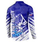 Cricket Australian Button Sweatshirt Blue Fire Ball Graphic With Aboriginal Dot Art Style