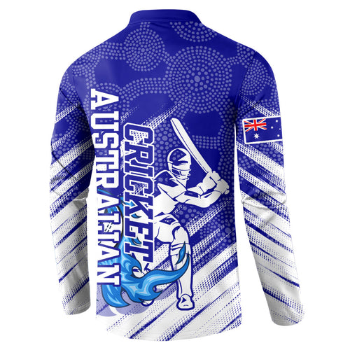 Cricket Australian Button Sweatshirt Blue Fire Ball Graphic With Aboriginal Dot Art Style