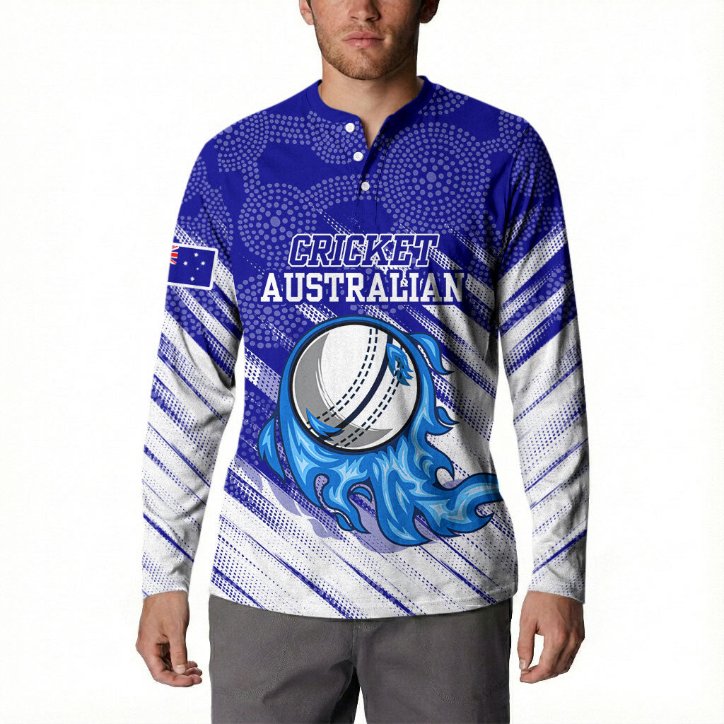 Cricket Australian Button Sweatshirt Blue Fire Ball Graphic With Aboriginal Dot Art Style