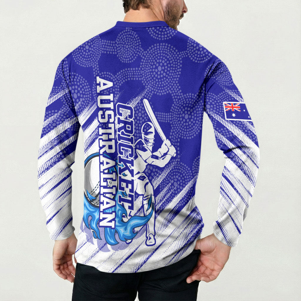 Cricket Australian Button Sweatshirt Blue Fire Ball Graphic With Aboriginal Dot Art Style