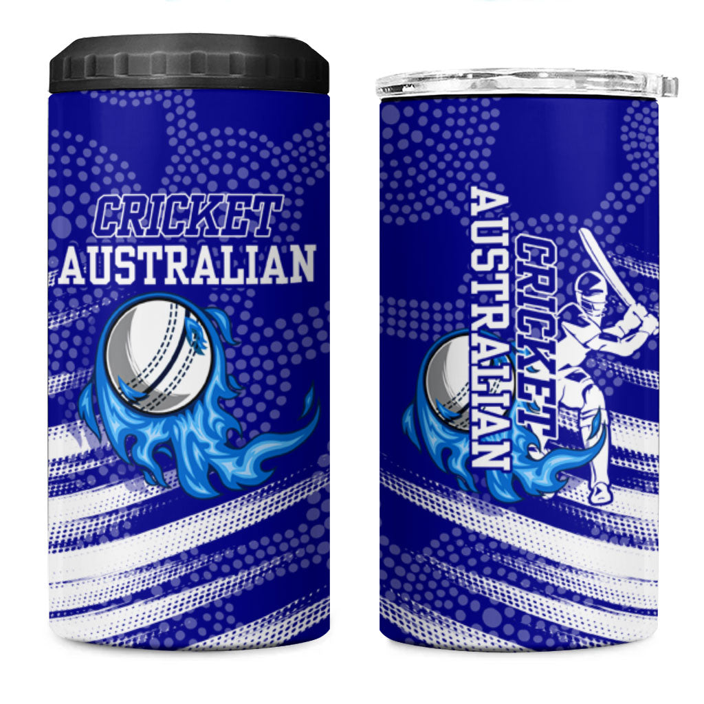 Cricket Australian 4 in 1 Can Cooler Tumbler Blue Fire Ball Graphic With Aboriginal Dot Art Style