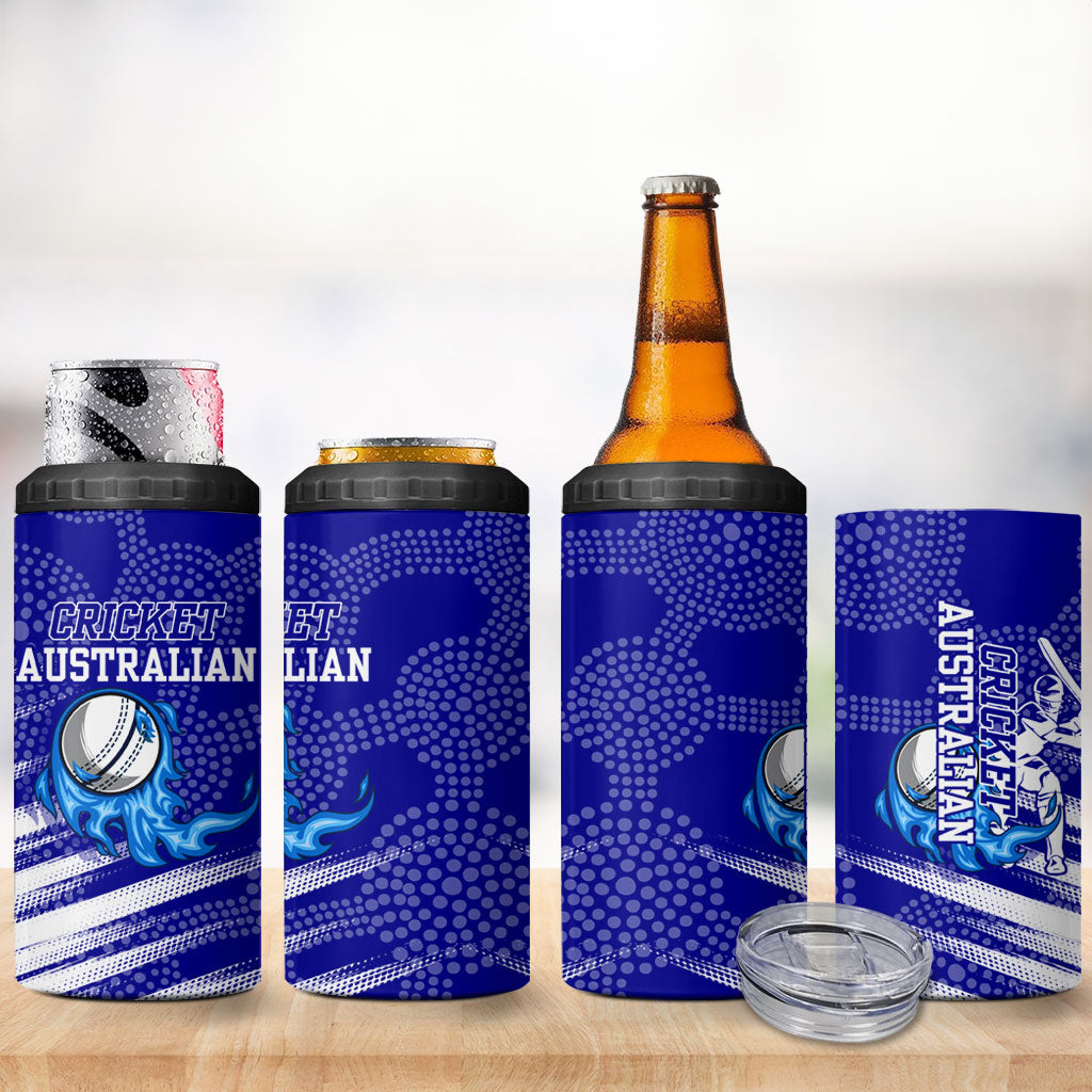 Cricket Australian 4 in 1 Can Cooler Tumbler Blue Fire Ball Graphic With Aboriginal Dot Art Style
