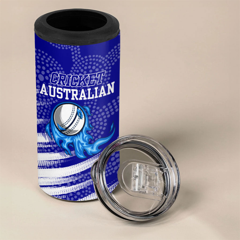 Cricket Australian 4 in 1 Can Cooler Tumbler Blue Fire Ball Graphic With Aboriginal Dot Art Style