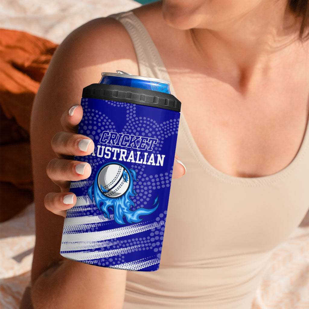 Cricket Australian 4 in 1 Can Cooler Tumbler Blue Fire Ball Graphic With Aboriginal Dot Art Style