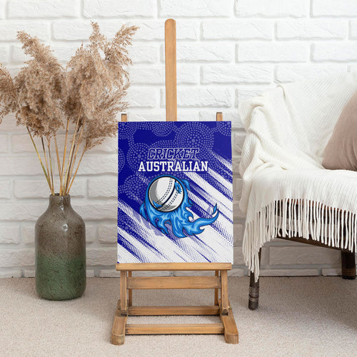Cricket Australian Canvas Wall Art Blue Fire Ball Graphic With Aboriginal Dot Art Style