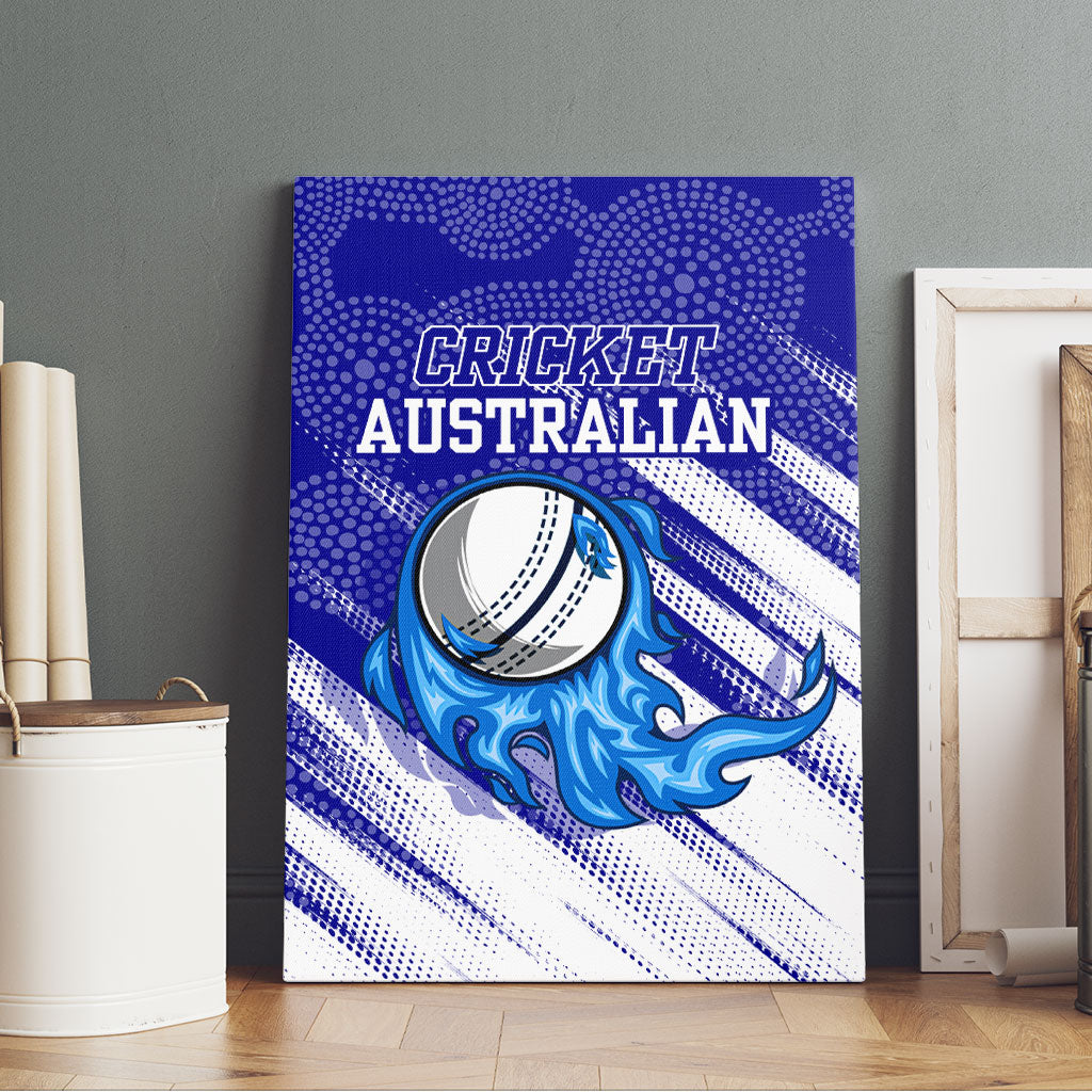 Cricket Australian Canvas Wall Art Blue Fire Ball Graphic With Aboriginal Dot Art Style
