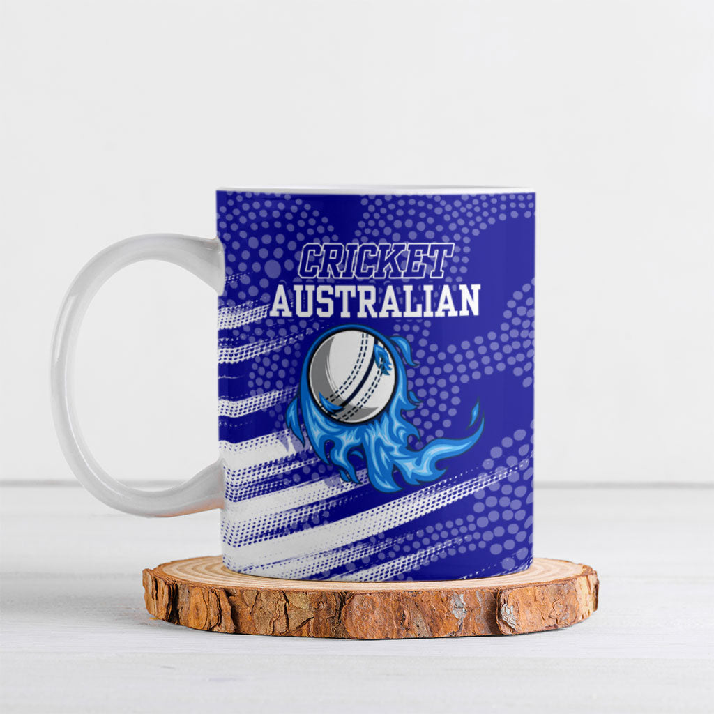 Cricket Australian Ceramic Mug Blue Fire Ball Graphic With Aboriginal Dot Art Style