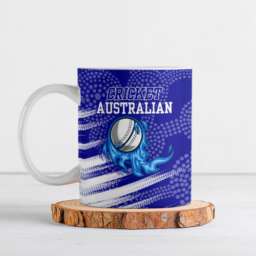 Cricket Australian Ceramic Mug Blue Fire Ball Graphic With Aboriginal Dot Art Style
