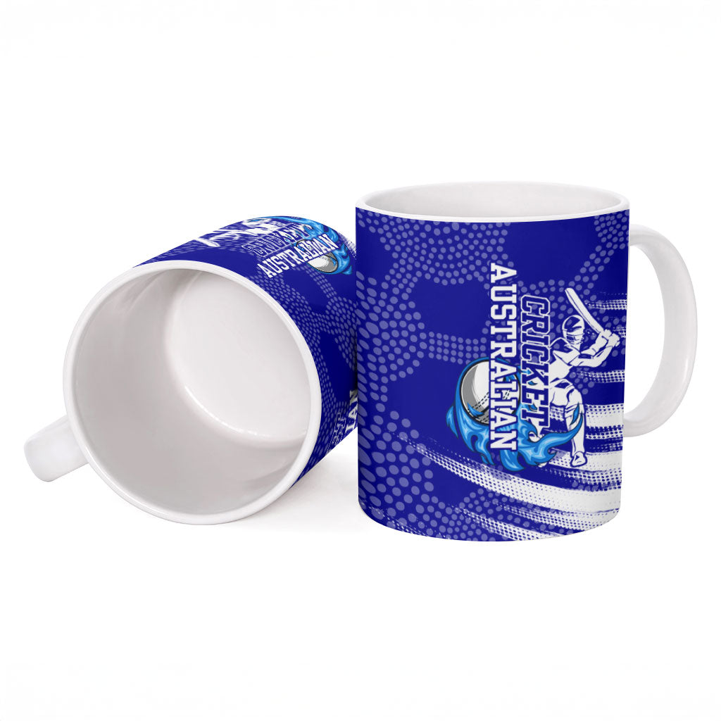 Cricket Australian Ceramic Mug Blue Fire Ball Graphic With Aboriginal Dot Art Style