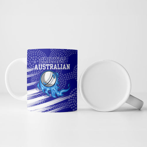 Cricket Australian Ceramic Mug Blue Fire Ball Graphic With Aboriginal Dot Art Style