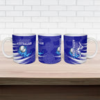 Cricket Australian Ceramic Mug Blue Fire Ball Graphic With Aboriginal Dot Art Style