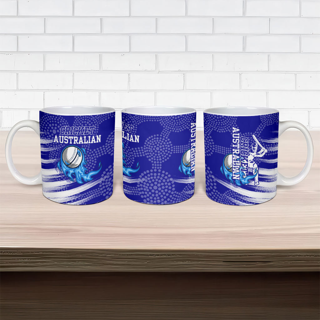 Cricket Australian Ceramic Mug Blue Fire Ball Graphic With Aboriginal Dot Art Style
