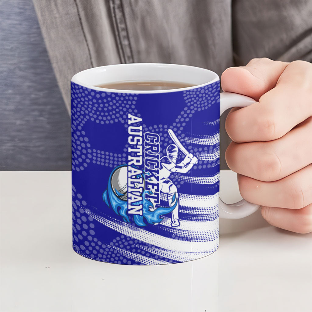 Cricket Australian Ceramic Mug Blue Fire Ball Graphic With Aboriginal Dot Art Style