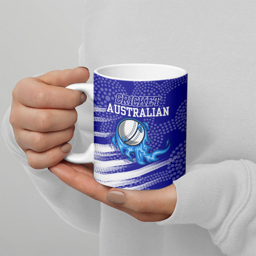 Cricket Australian Ceramic Mug Blue Fire Ball Graphic With Aboriginal Dot Art Style