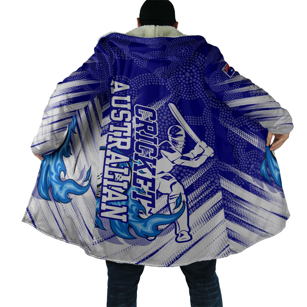 Cricket Australian Cloak Blue Fire Ball Graphic With Aboriginal Dot Art Style